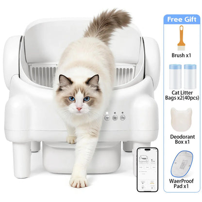 Best Seller | TAYACICY Open-Top Self - Cleaning Litter Box Smart Automatic with App Control for Multiple Cats Large-Capacity Large Waste Bin Cream White 10.5L Capacity Dual Safety Sensors Odor Control Includes 2 Roll Liners
